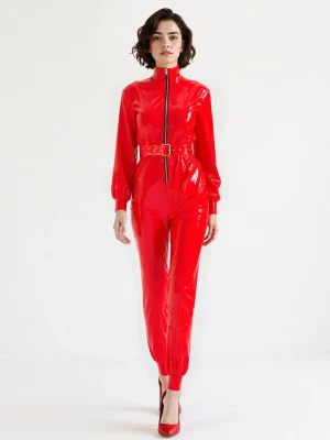 Latex Loose-Fit Uniform Catsuit with Belt and Pockets
