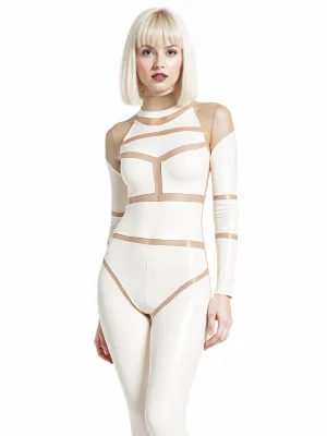 Latex ghost white & Sheer Paneled Catsuit