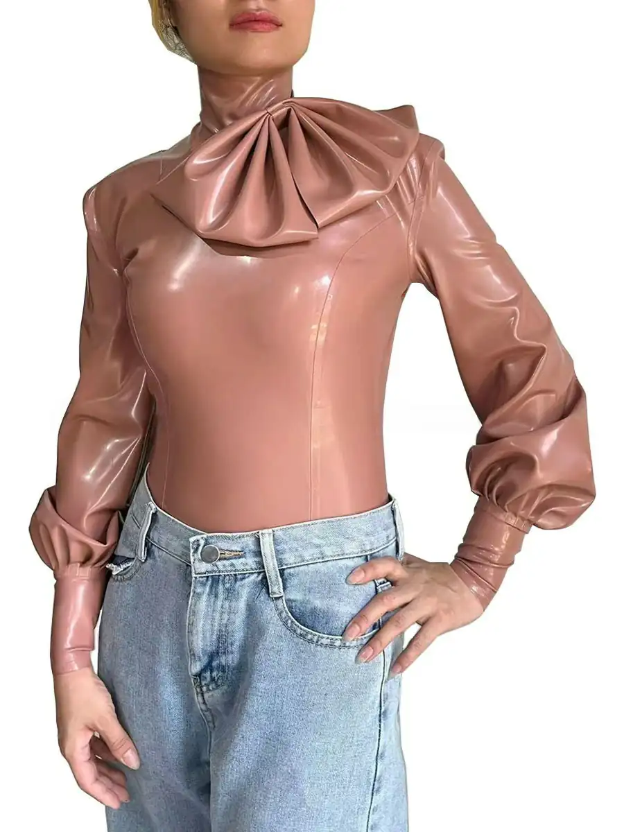 ZM11-2.webp Latex Bow High-Neck Puff-Sleeve Top