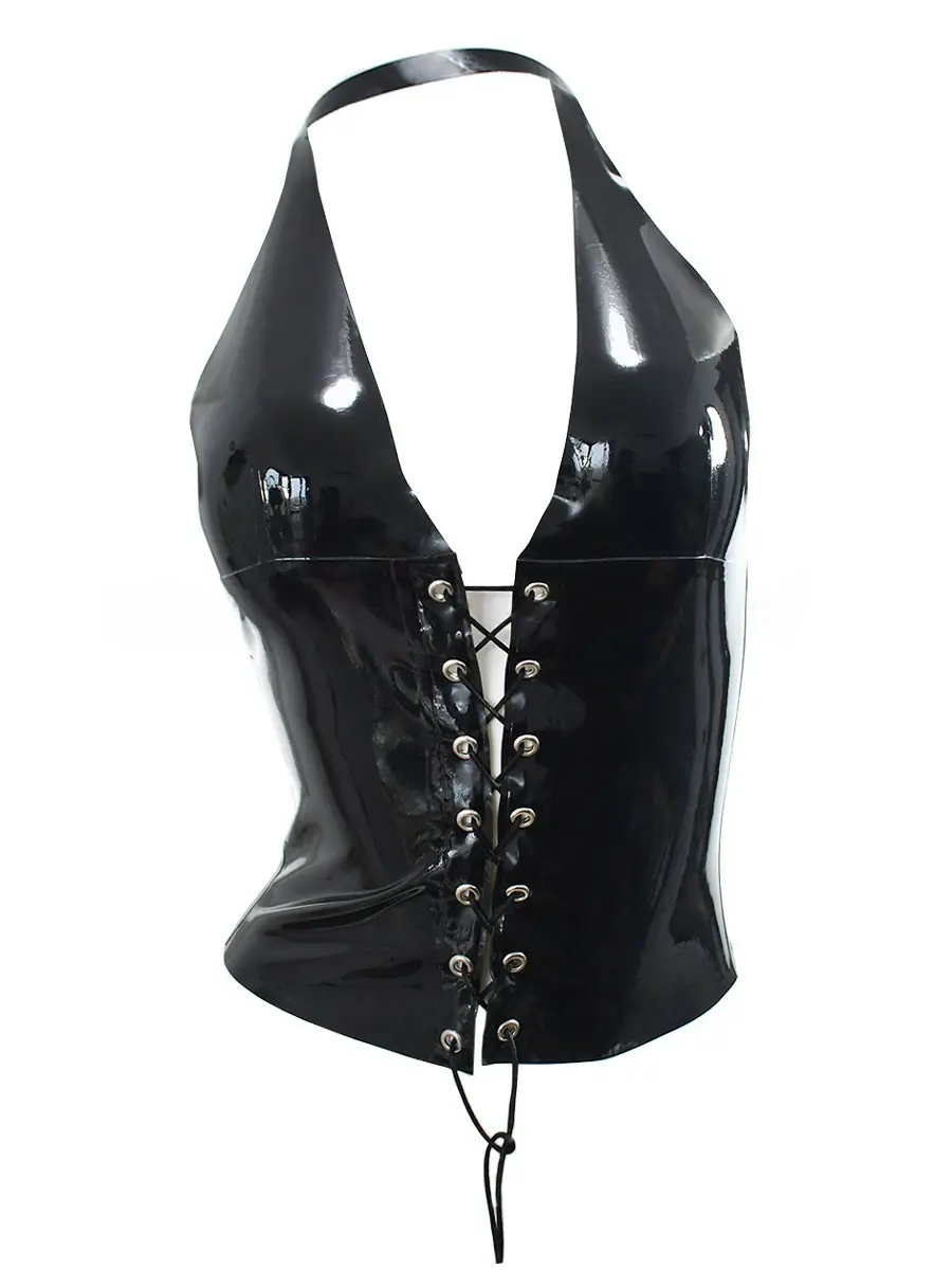ZM20-1.webp Latex Black Halter Lace-Up Corset Top