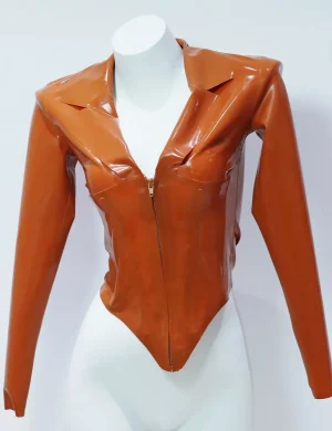 Latex Caramel Notched Collar Zip-Up Corset Top