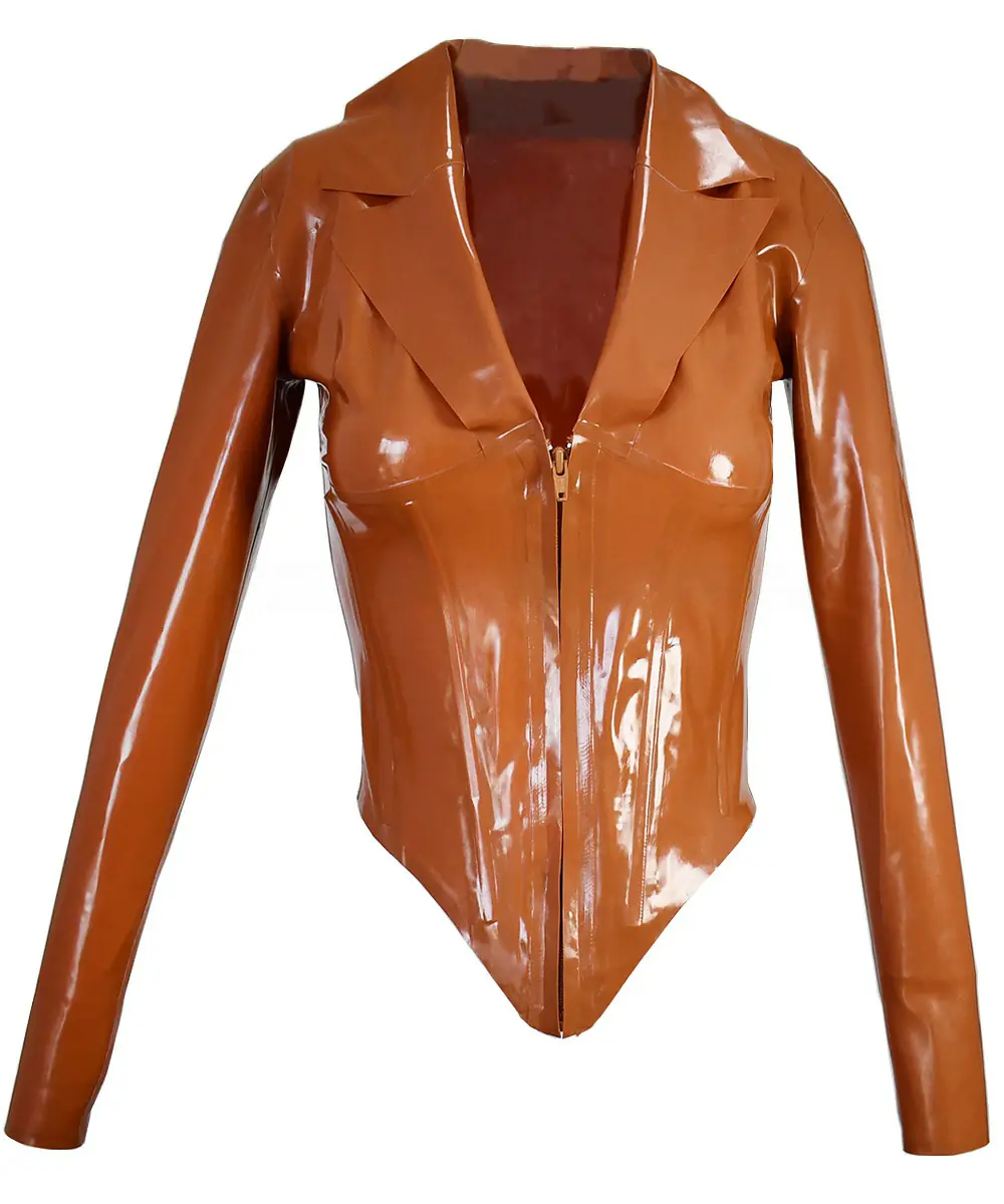 ZM21-2.webp Latex Caramel Notched Collar Zip-Up Corset Top