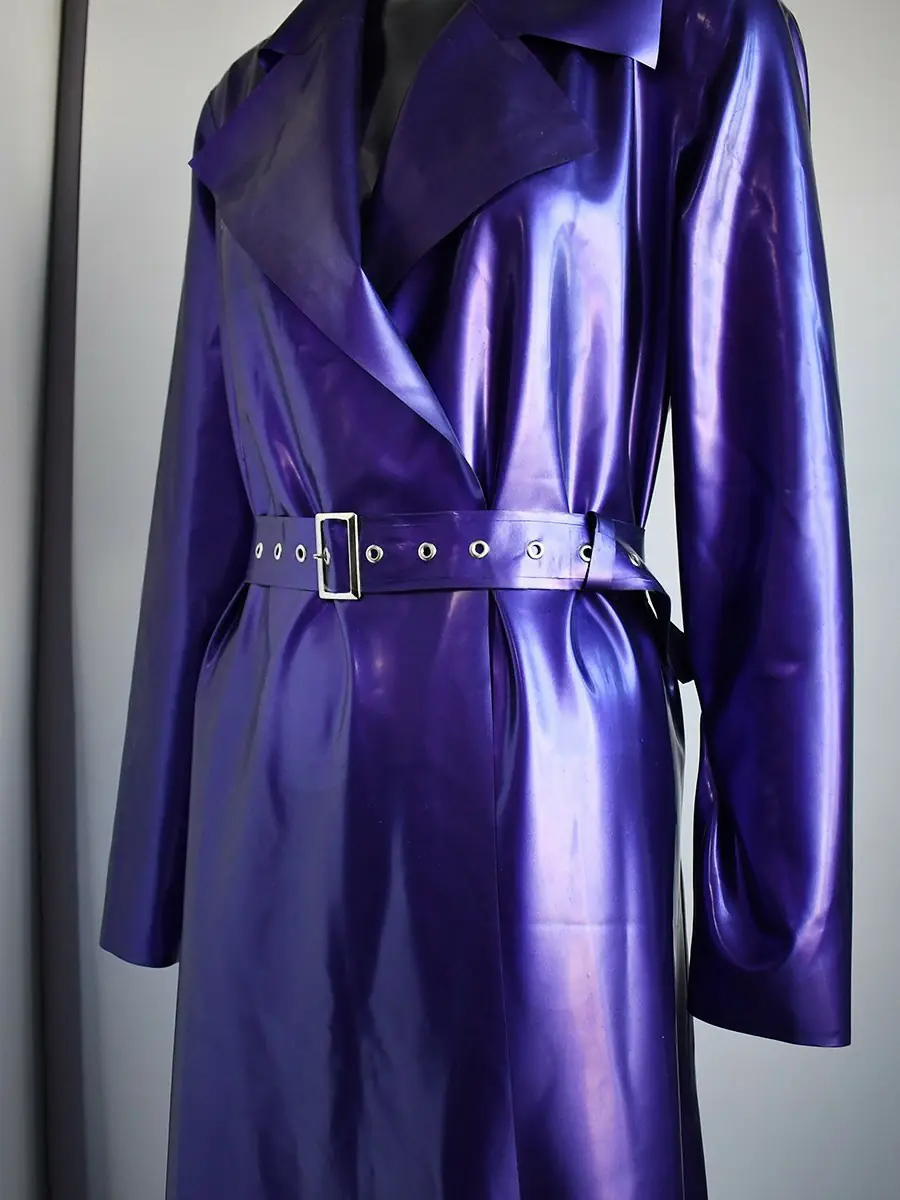 ZM26-2.webp Latex Metallic Purple Belted Long Trench Coat
