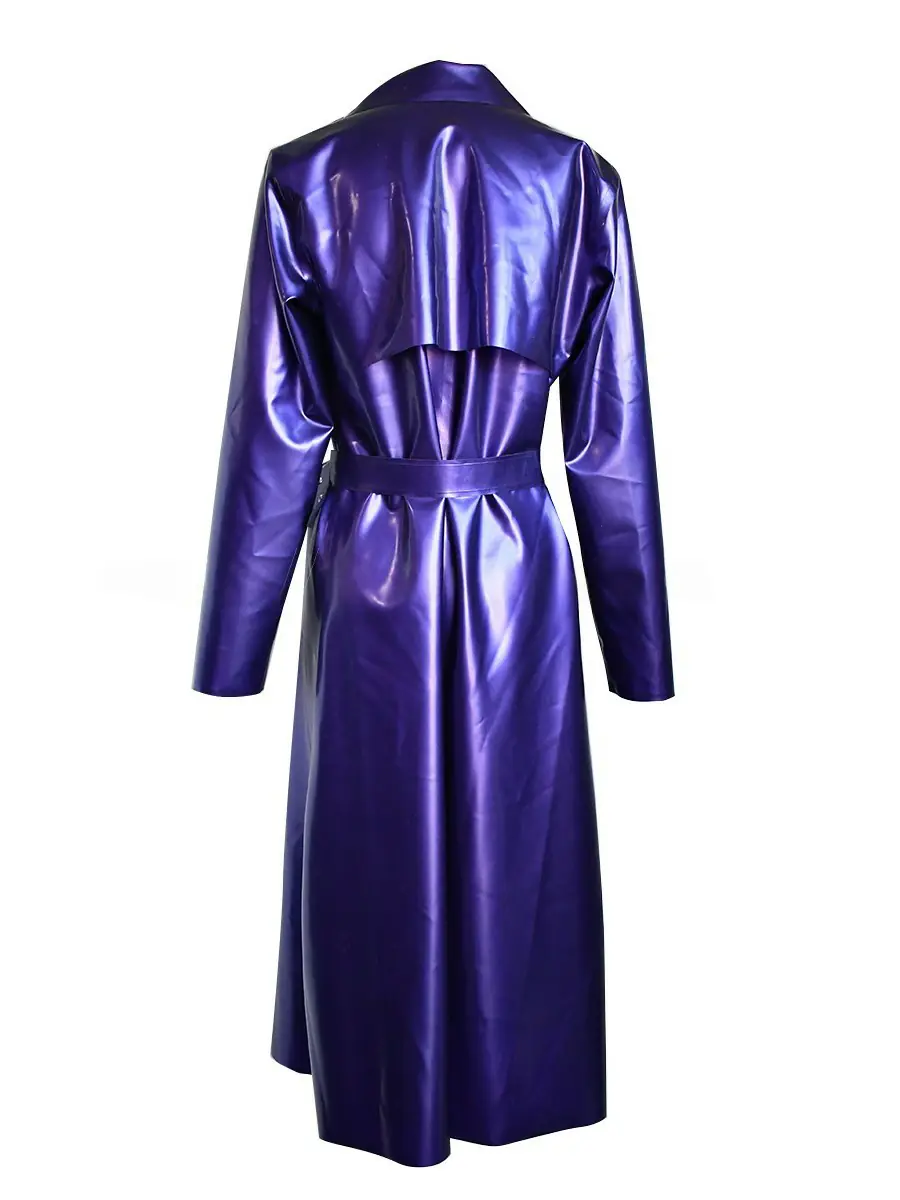 ZM26-3.webp Latex Metallic Purple Belted Long Trench Coat