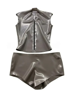 Latex High-Neck Puff-Sleeve Top