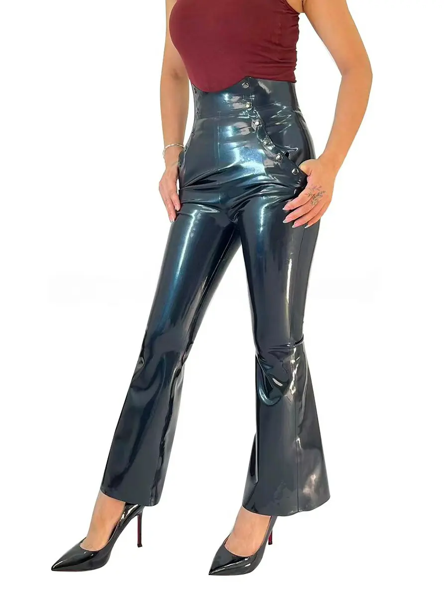 ZM40-2.webp Latex High-Waisted Studded Flare Pants