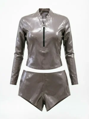 Latex White Stand-Collar Zip-Up Sleeveless Top Low-Rise Shorts Set