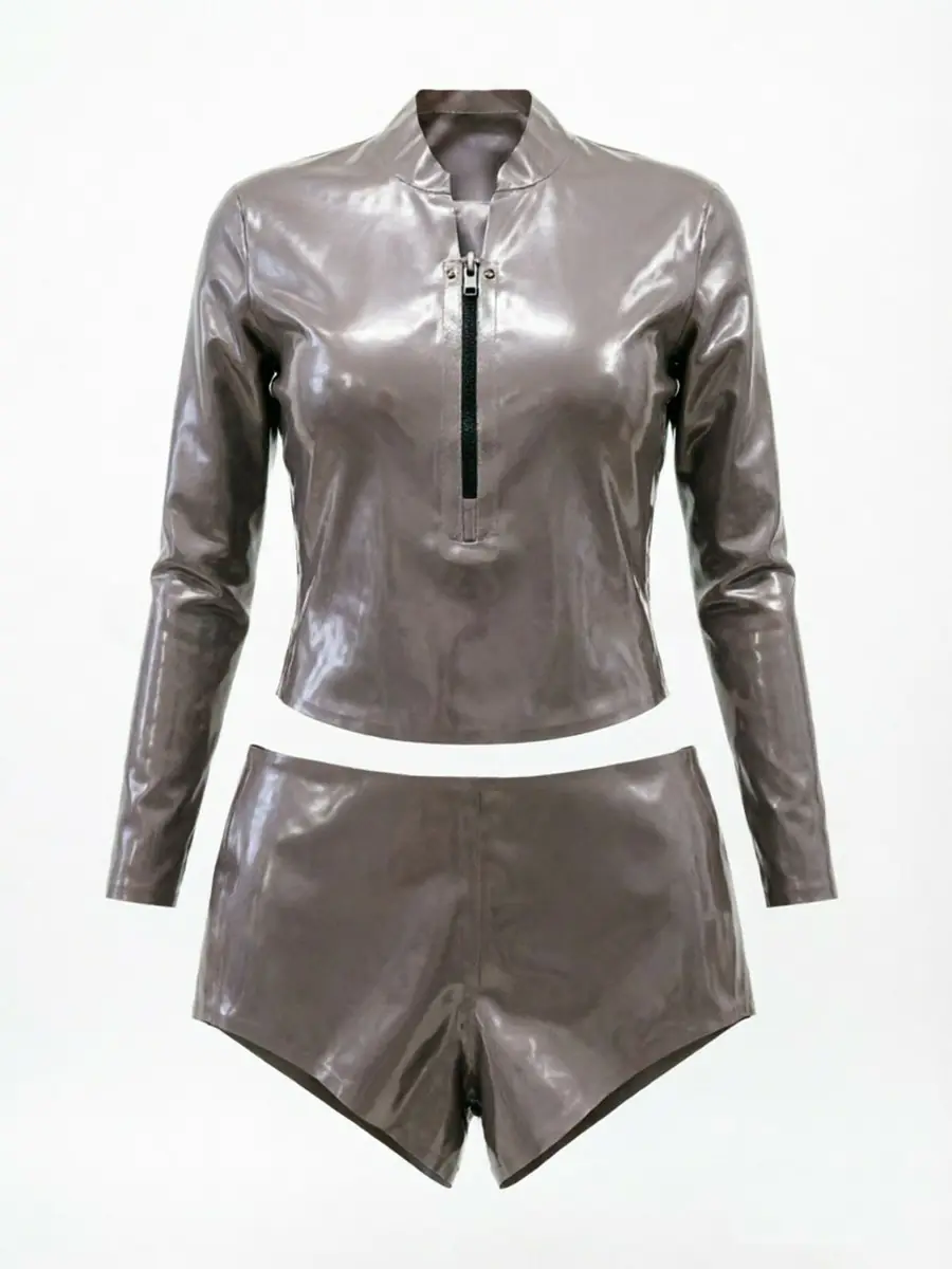 ZM9-1.webp Latex Half-Zip Cropped Top And Low-Rise Shorts Set