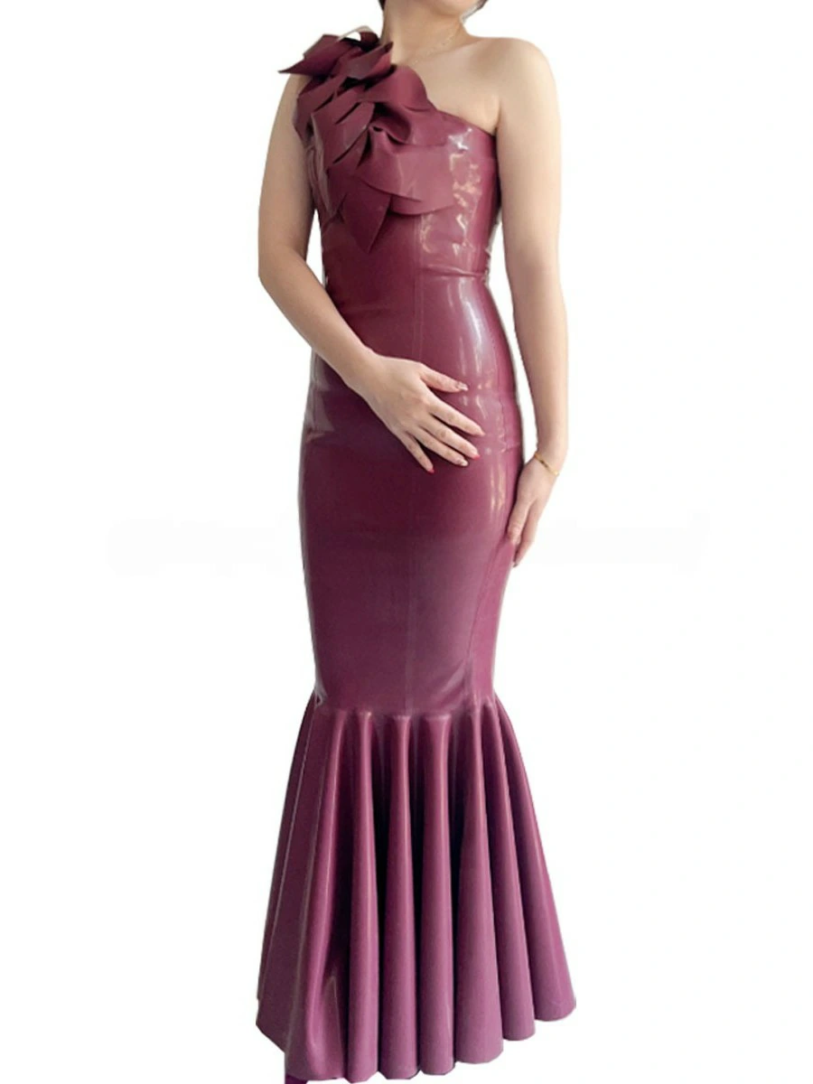 ZM48-1.webp Latex Wine Red One-Shoulder Mermaid Gown with 3D Flower Detail