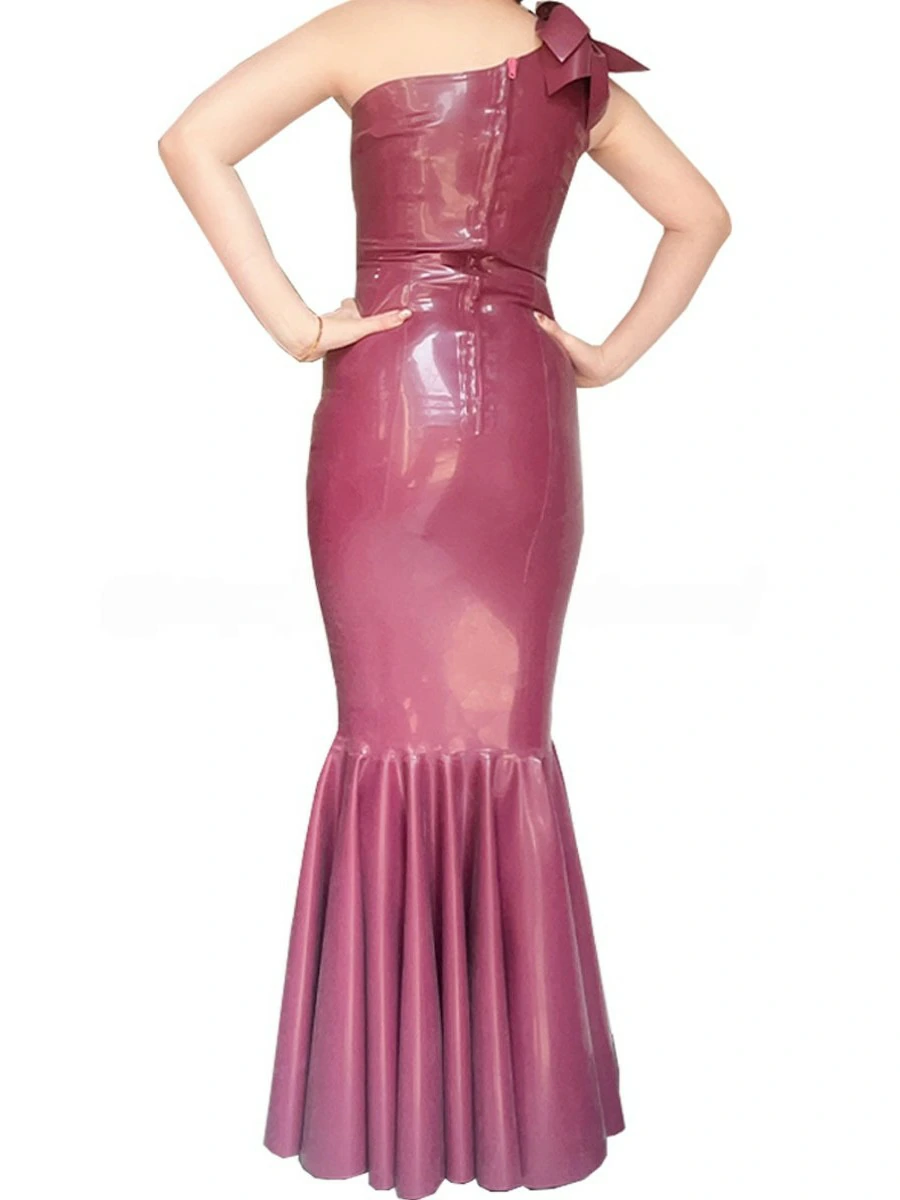ZM48-2.webp Latex Wine Red One-Shoulder Mermaid Gown with 3D Flower Detail