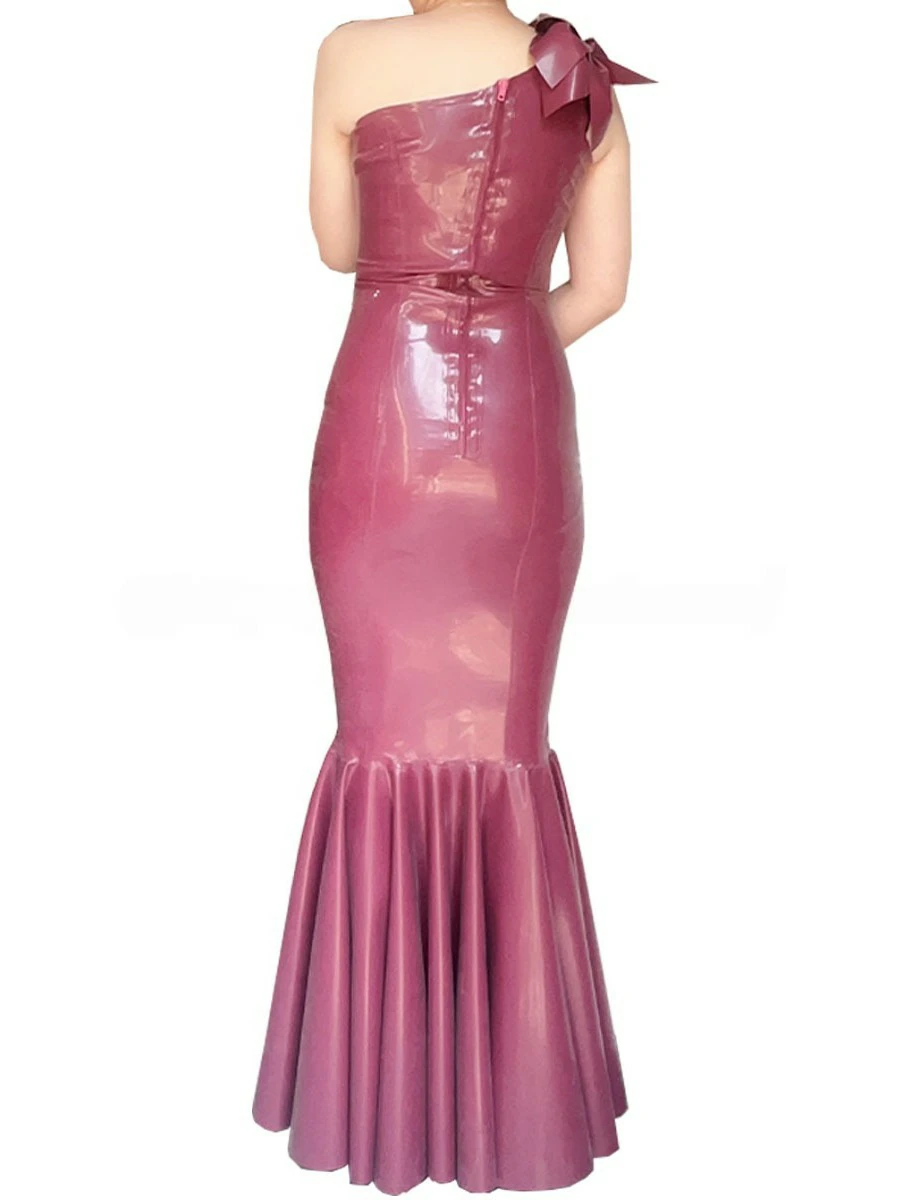 ZM48-4.webp Latex Wine Red One-Shoulder Mermaid Gown with 3D Flower Detail
