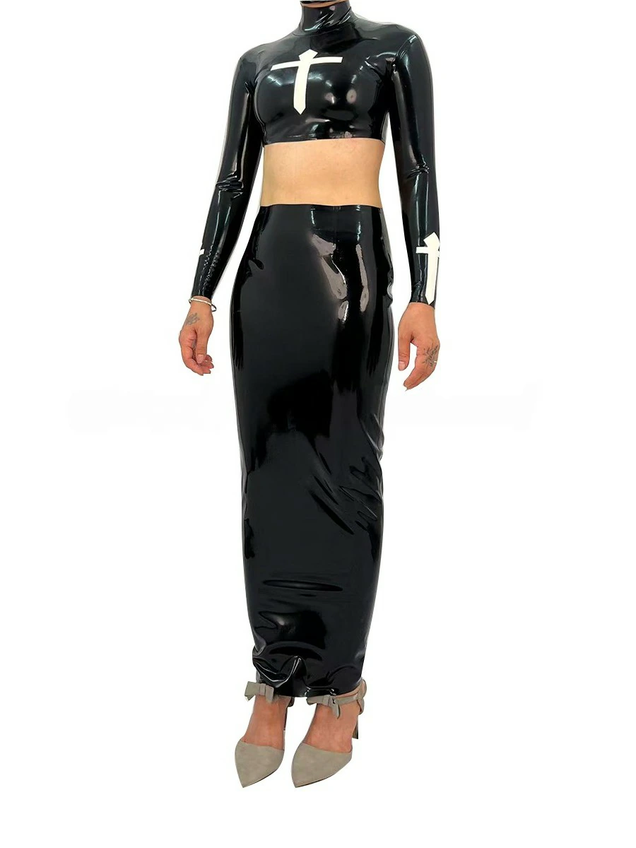 ZM52-3.webp Latex Black & White Maxi Skirt with Back Slit