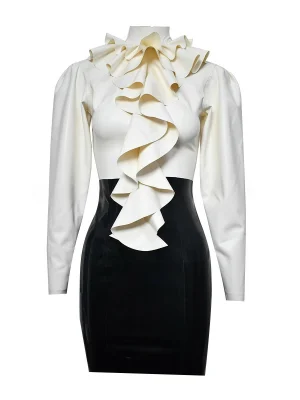 Latex Black & White High-Neck Ruffle Dress