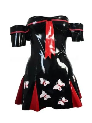 Latex Black & Red Off-Shoulder Butterfly Print Dress