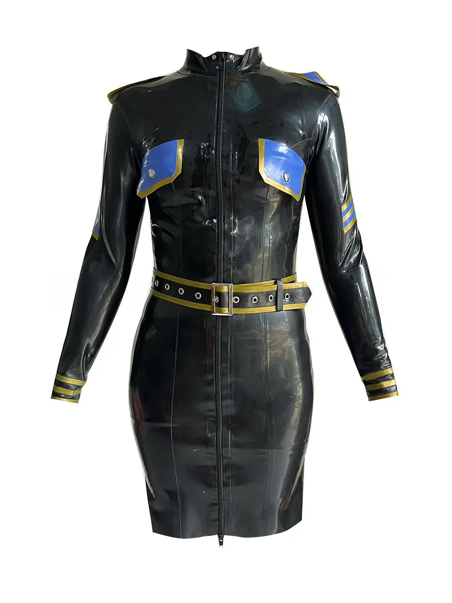 ZM58-1.webp Latex Black Uniform-Style Dress with Blue & Gold Accents,