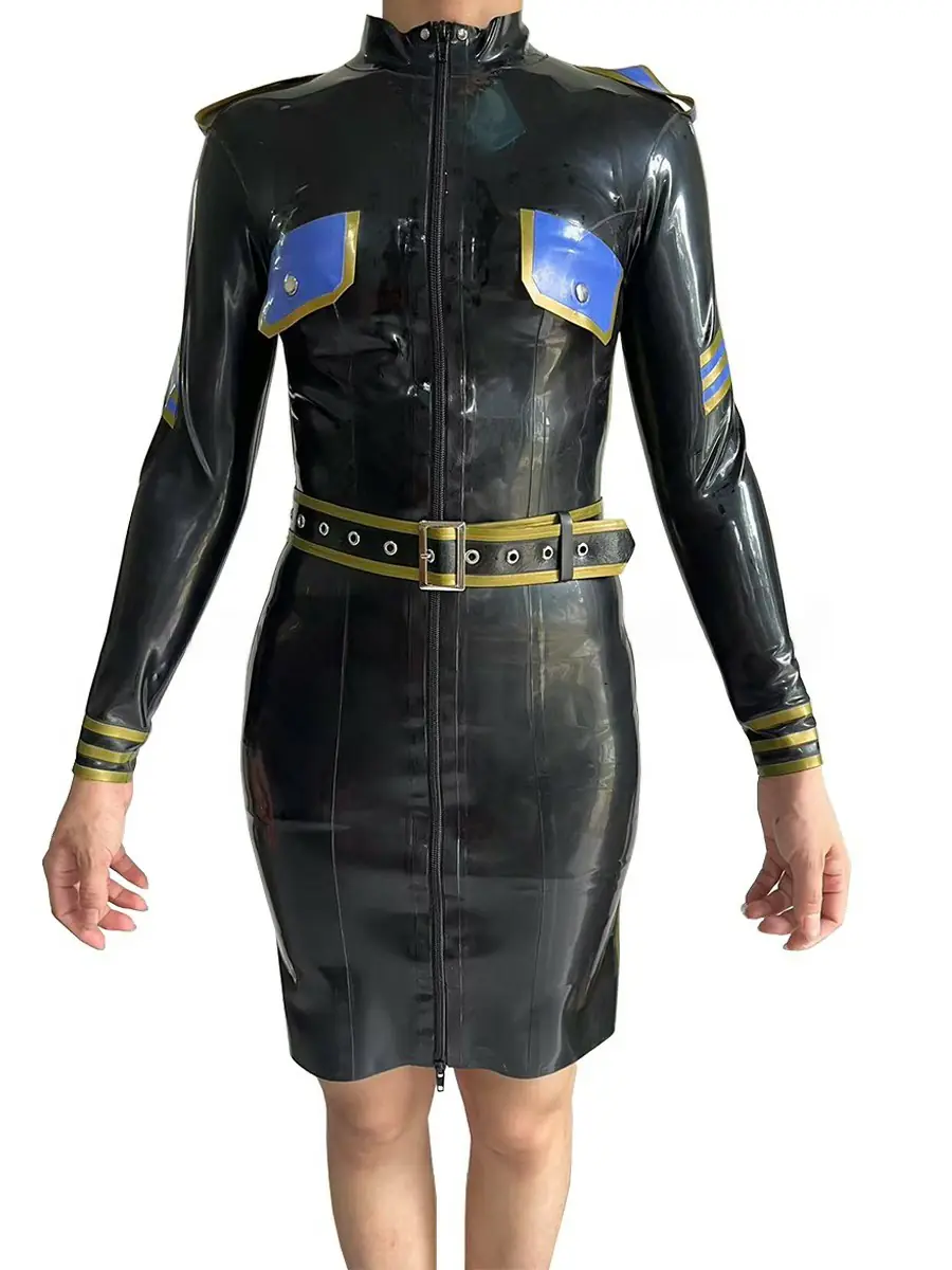 ZM58-2.webp Latex Black Uniform-Style Dress with Blue & Gold Accents,