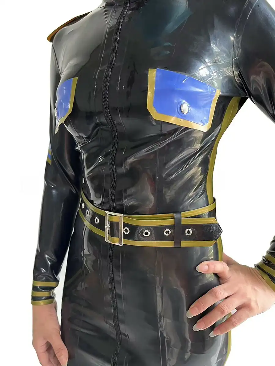 ZM58-3.webp Latex Black Uniform-Style Dress with Blue & Gold Accents,