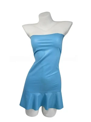 Latex Sky Blue Strapless Ruffle Hem Dress