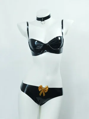 Latex Black Lingerie Set with Choker & Gold Bow