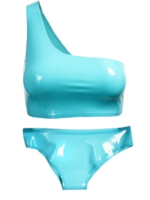 Latex Sky Blue Two-Piece Set: One-Shoulder Top + Briefs