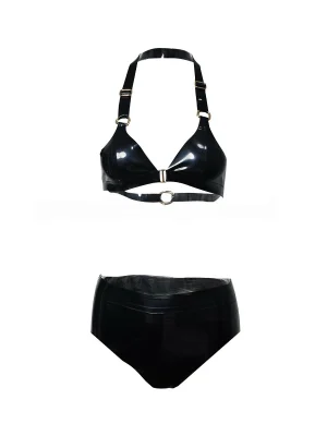 Latex Black Two-Piece Set: Halter Bra + High-Waisted Briefs