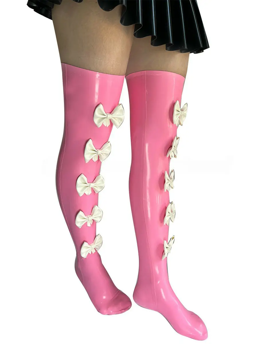 ZM80-3.webp Latex Pink Thigh-High Socks with White Bow Details