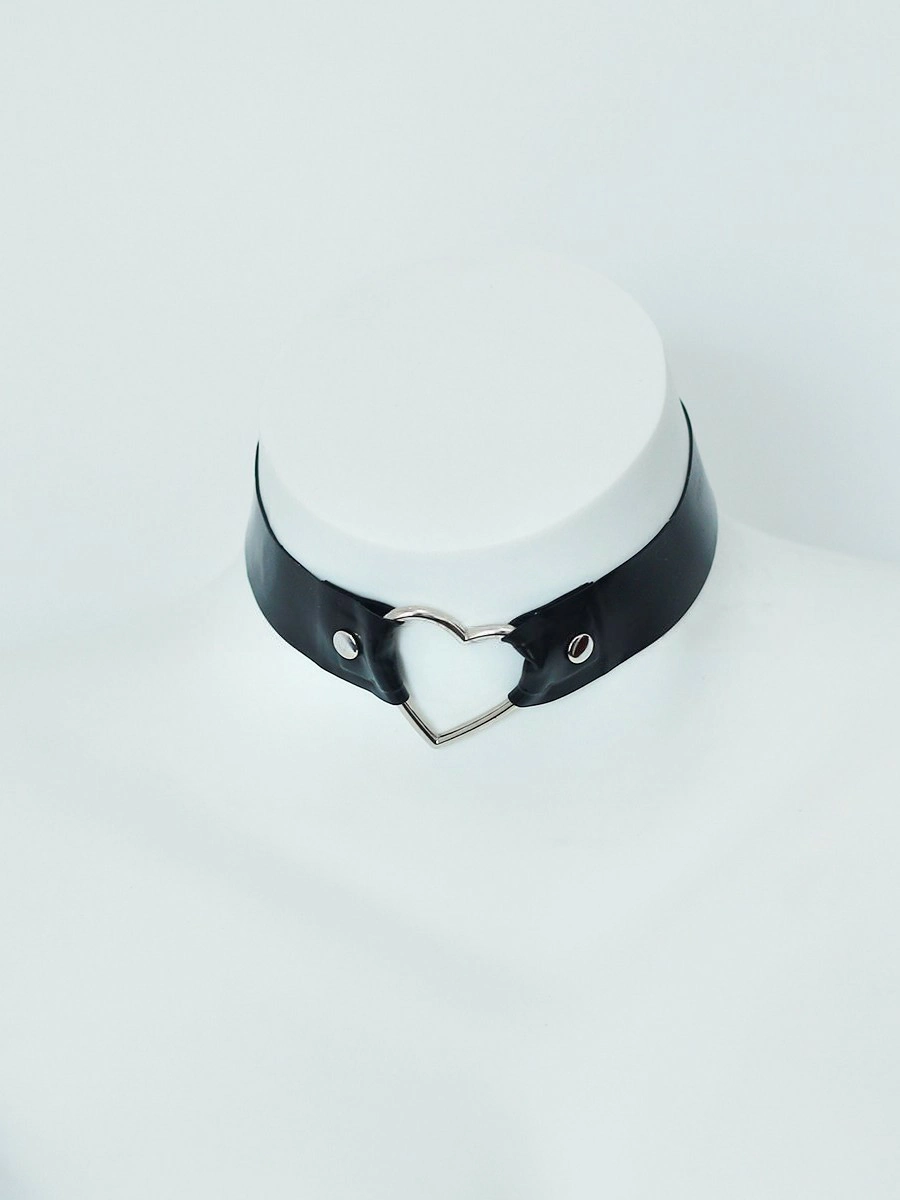 Latex Black Choker with Silver Heart Ring