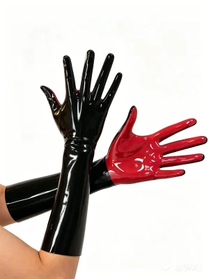 Latex Black Red Contrast Mid-Length Full Finger Gloves